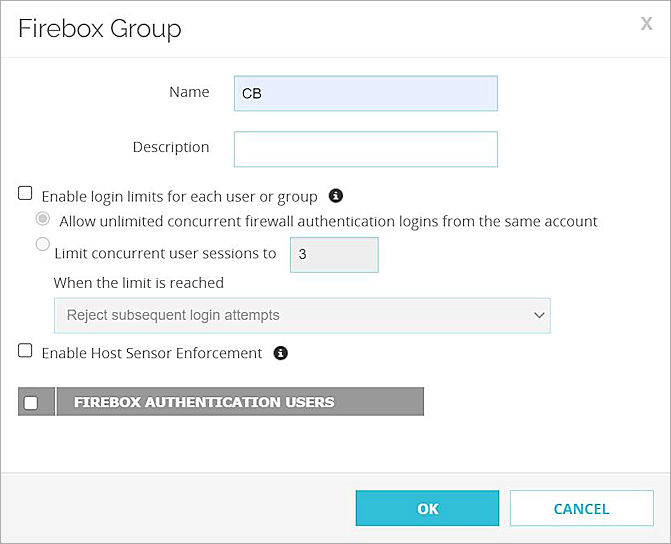 Screen shot of the Firebox Group dialog box